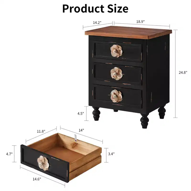 Modern Bedroom Nightstand With 3 Drawers, Wood Sofa Side Table, Accent Bedside Table for Small Space, Narrow End Table for Living Room Bedroom