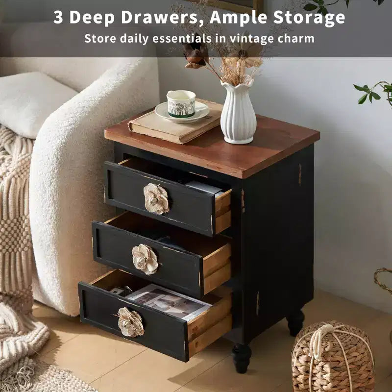 Modern Bedroom Nightstand With 3 Drawers, Wood Sofa Side Table, Accent Bedside Table for Small Space, Narrow End Table for Living Room Bedroom