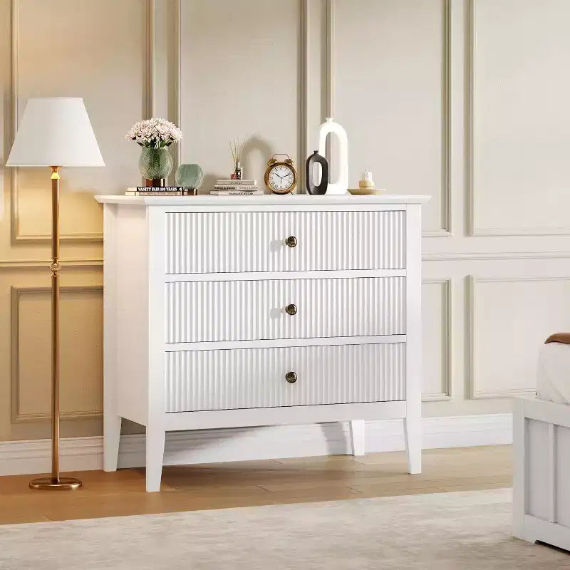 Acekool 3 Drawer Storage Cabinet, 31.5 Wide White Fluted Dresser, Modern Chest for Bedroom, Closet, Entryway