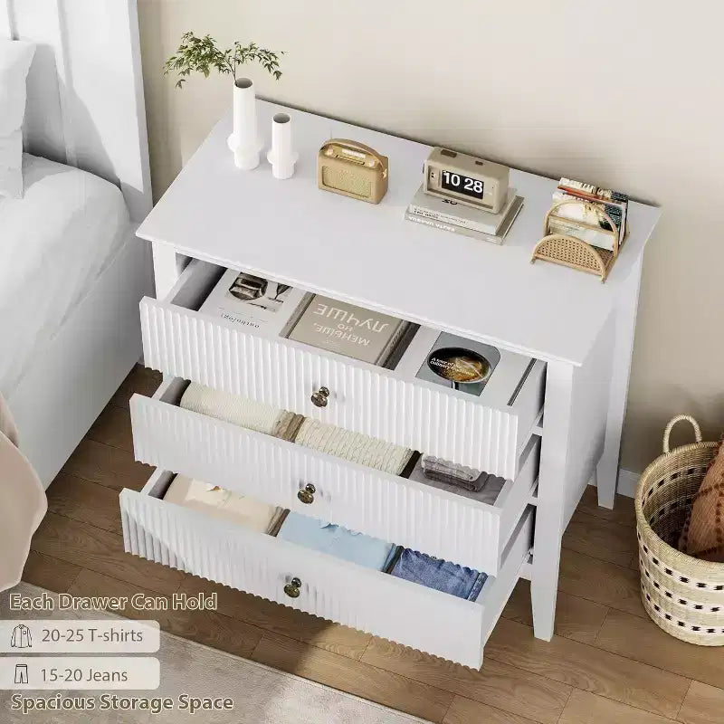 3-Drawer Storage Cabinet, 31.5" Wide White Fluted Dresser for Bedroom, Closet, Entryway