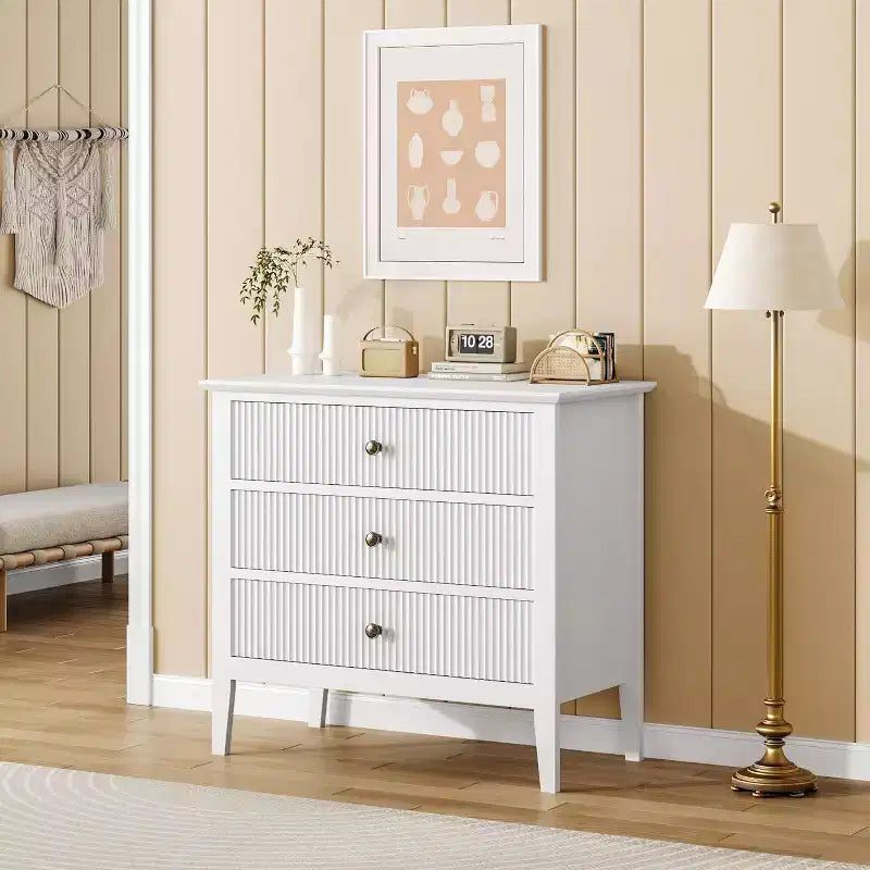3-Drawer Storage Cabinet, 31.5" Wide White Fluted Dresser for Bedroom, Closet, Entryway