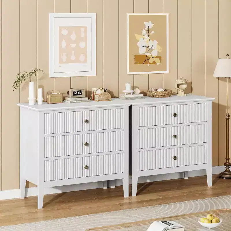 3-Drawer Storage Cabinet, 31.5" Wide White Fluted Dresser for Bedroom, Closet, Entryway