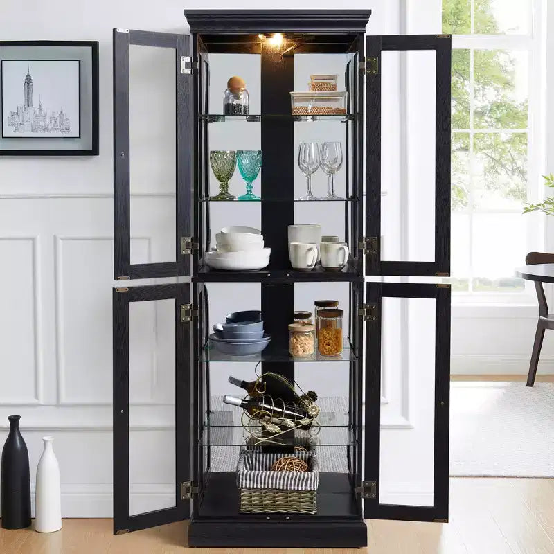 Curio Cabinet with Tempered Glass Doors, Lighted Display Cabinet with Mirrored Back Panel & Adjustable Shelves Perfect for Home or Office - Black