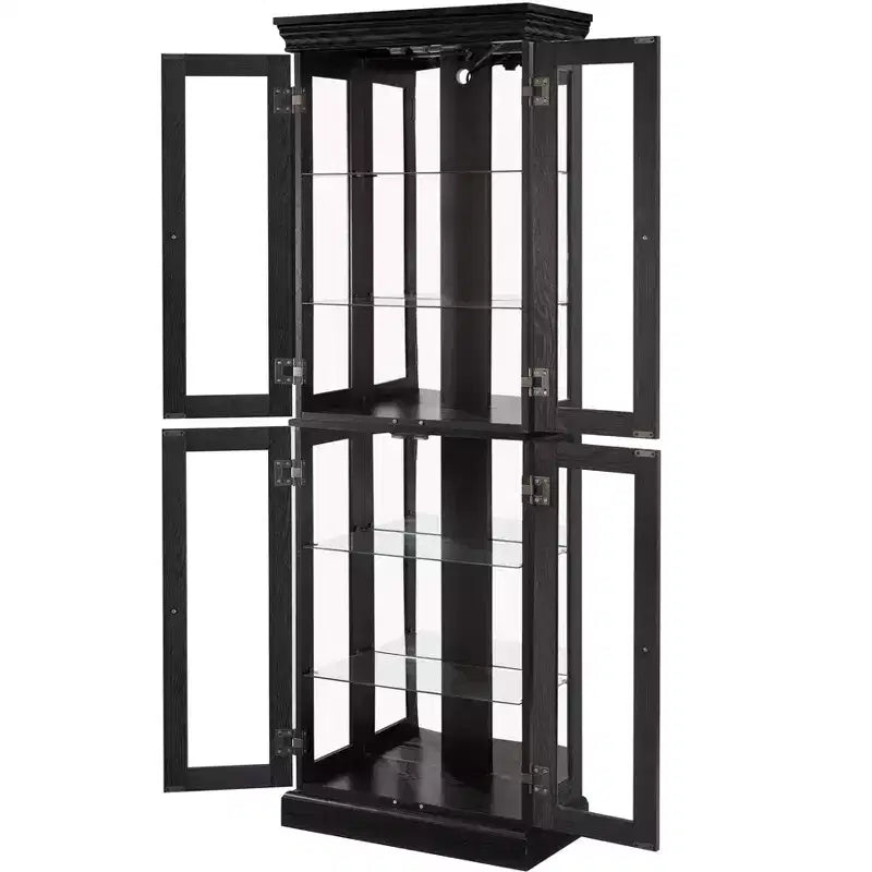 Curio Cabinet with Tempered Glass Doors, Mirrored Back Panel, Adjustable Shelves and LED Lighting - Black