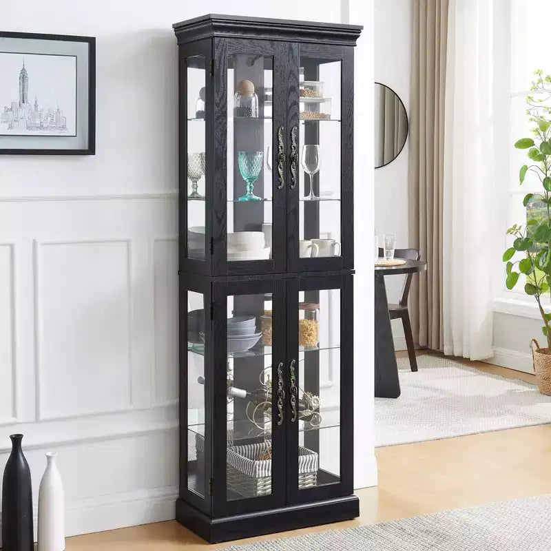 Curio Cabinet with Tempered Glass Doors, Mirrored Back Panel, Adjustable Shelves and LED Lighting - Black