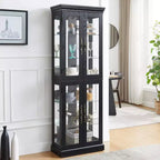 Curio Cabinet with Tempered Glass Doors, Mirrored Back Panel, Adjustable Shelves and LED Lighting - Black