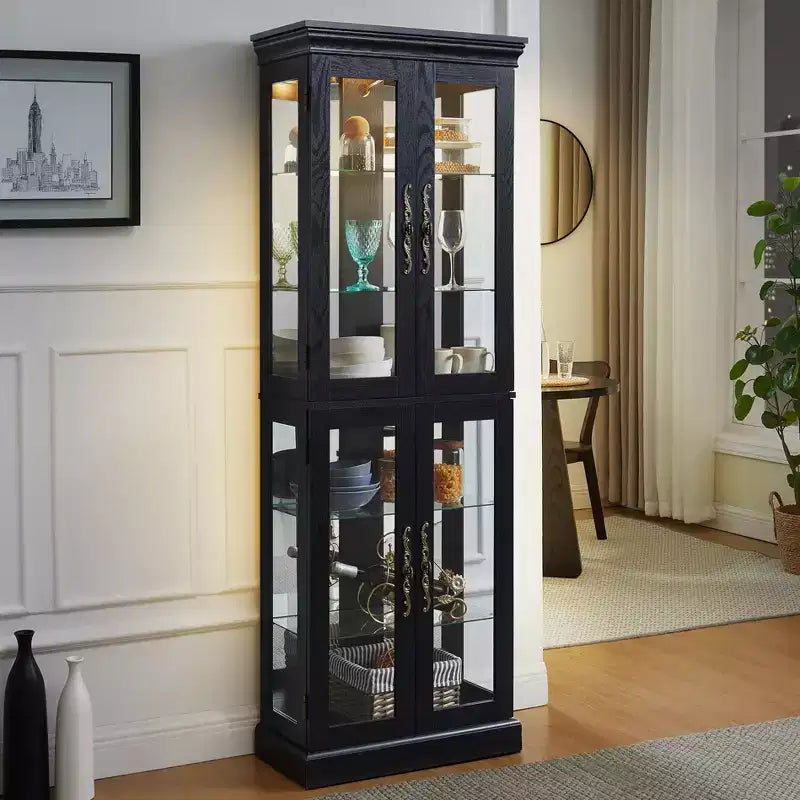 Curio Cabinet with Tempered Glass Doors, Mirrored Back Panel, Adjustable Shelves and LED Lighting - Black