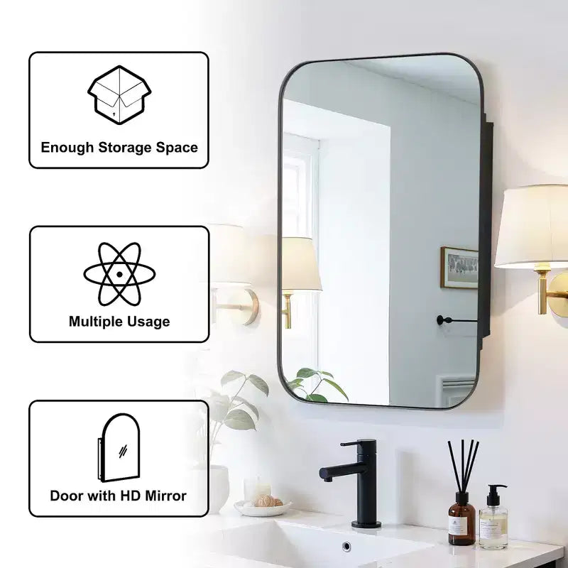 36 x 24 Inch Wall Mirror Medicine Cabinet with Storage, Metal Frame, Black