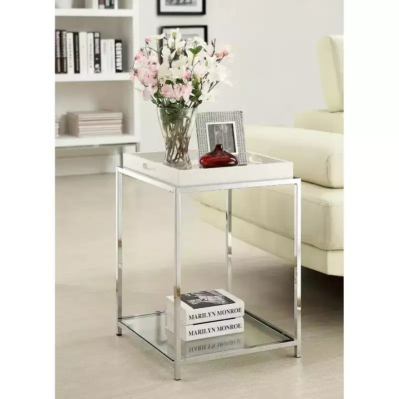 24 in. H White Steel End Table with Glass Shelves and Removable Tray