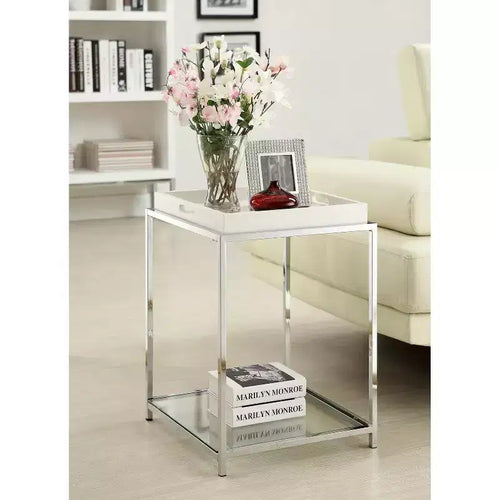 24 in. H White Steel End Table with Glass Shelves and Removable Tray