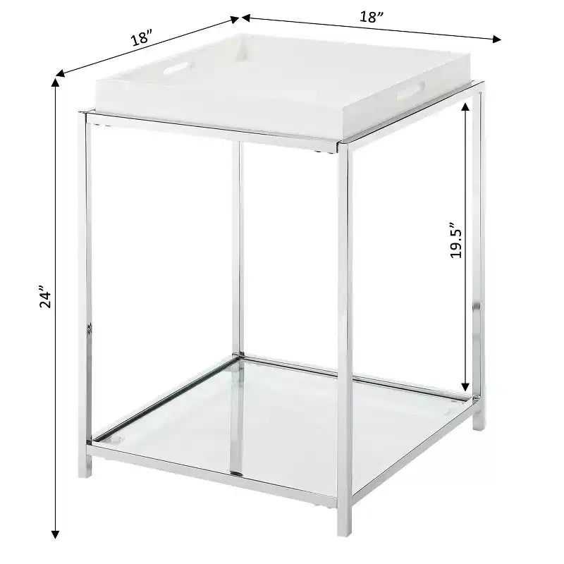 24 in. H White Steel End Table with Glass Shelves and Removable Tray