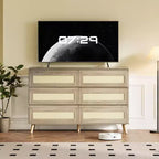 Rattan Dresser for Bedroom with 8 Drawers, 47.2 Wide Chest of Drawers, Modern Wooden Double Dresser TV Stand with Wood Legs for Living Room