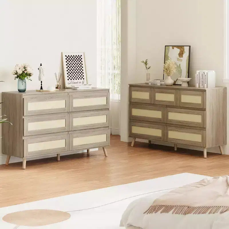 Rattan Dresser with Drawers – Wood Frame Chest of Drawers for Bedroom or Living Room