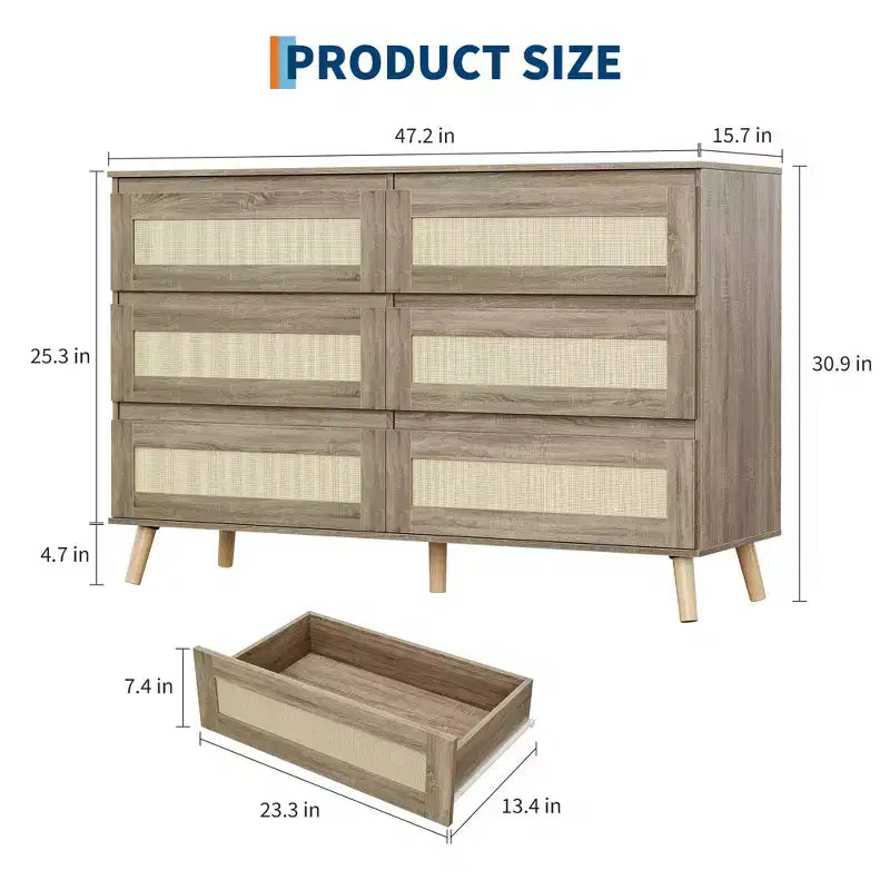 Rattan Dresser with Drawers – Wood Frame Chest of Drawers for Bedroom or Living Room