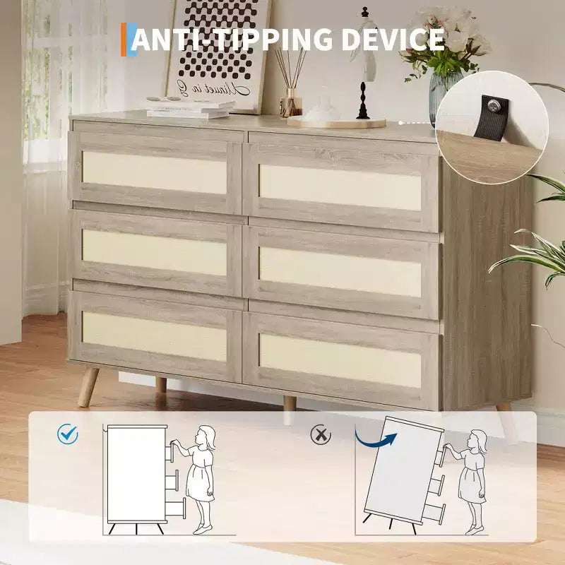 Rattan Dresser with Drawers – Wood Frame Chest of Drawers for Bedroom or Living Room