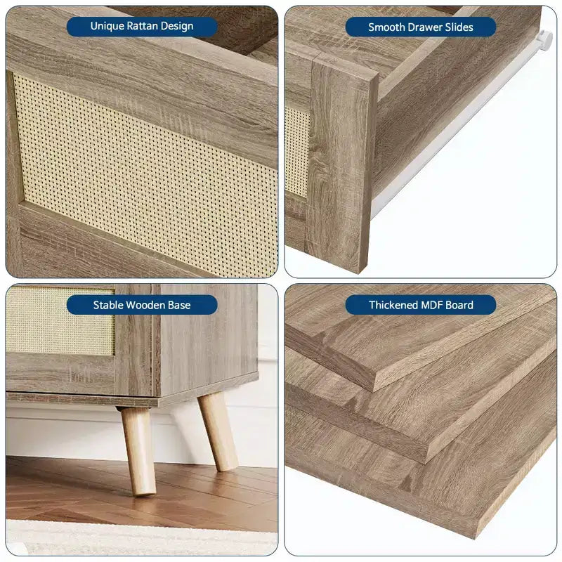 Rattan Dresser with Drawers – Wood Frame Chest of Drawers for Bedroom or Living Room