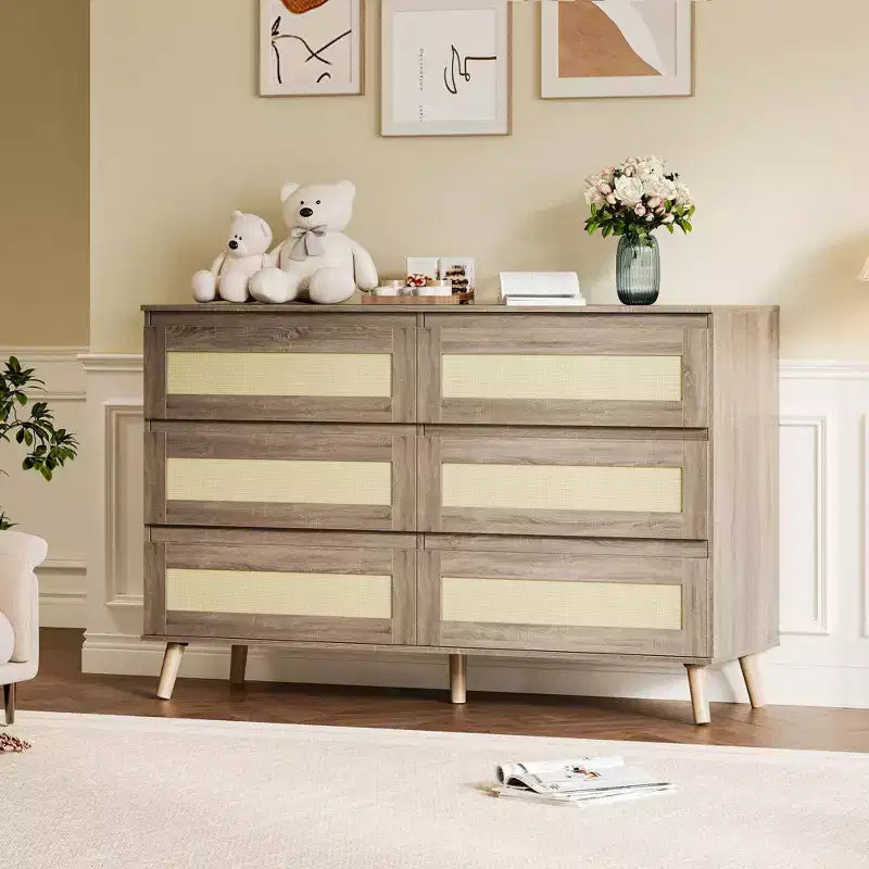 Rattan Dresser with Drawers – Wood Frame Chest of Drawers for Bedroom or Living Room