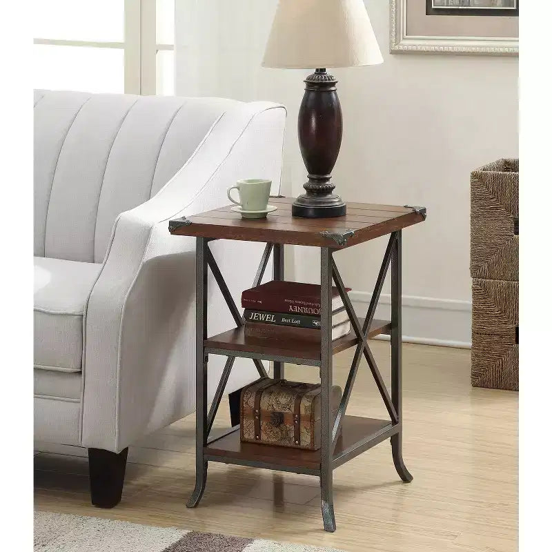 HomeStock Belmont Three Tier End Table with Cross Frame Design, Top, Middle and Bottom Shelves for Storage and Display in Any Room