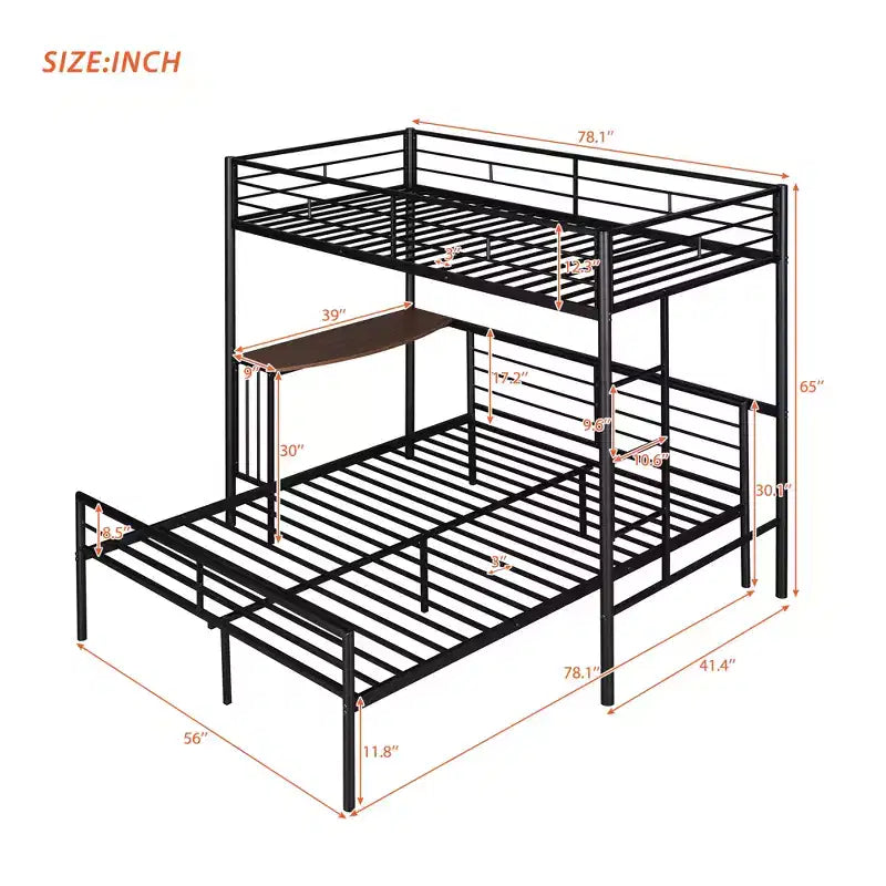 Twin Over Full Metal Bunk Bed with Desk, Ladder & Guardrails, Metallic Black