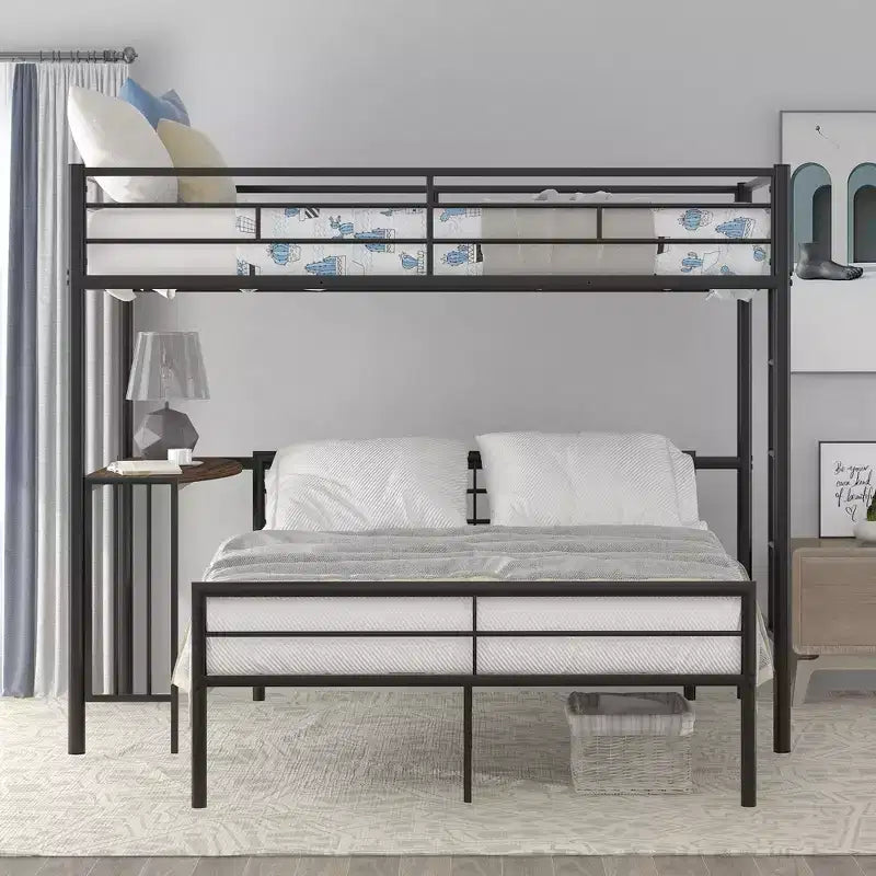 Twin Over Full Metal Bunk Bed with Desk, Ladder & Guardrails, Metallic Black
