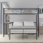 Twin Over Full Metal Bunk Bed with Desk, Ladder & Guardrails, Metallic Black