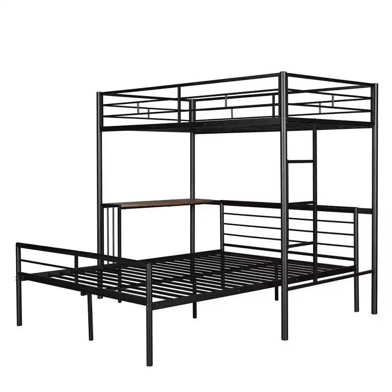 Twin Over Full Metal Bunk Bed with Desk, Ladder & Guardrails, Metallic Black