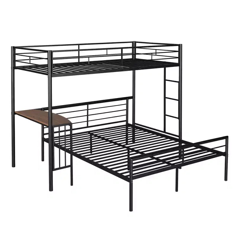 Twin Over Full Metal Bunk Bed with Desk, Ladder & Guardrails, Metallic Black