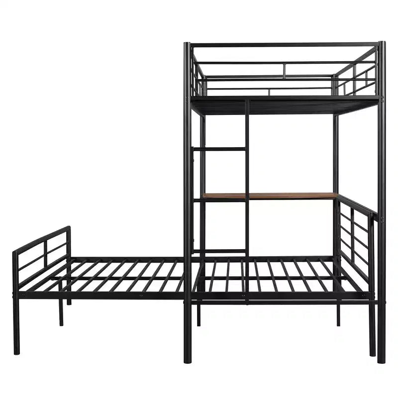 Twin Over Full Metal Bunk Bed with Desk, Ladder & Guardrails, Metallic Black