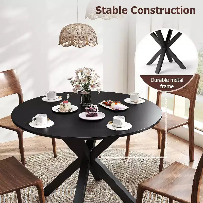 Round Dining Table with Metal Cross Legs, Seats 4–6, Black, 42 Inch