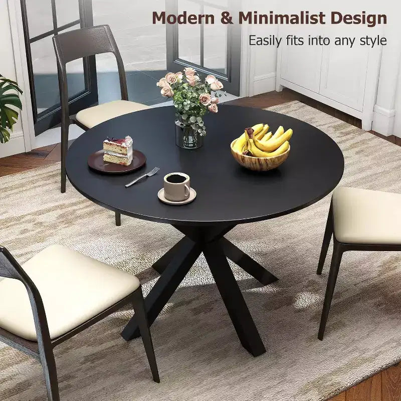 Round Dining Table with Metal Cross Legs, Seats 4–6, Black, 42 Inch