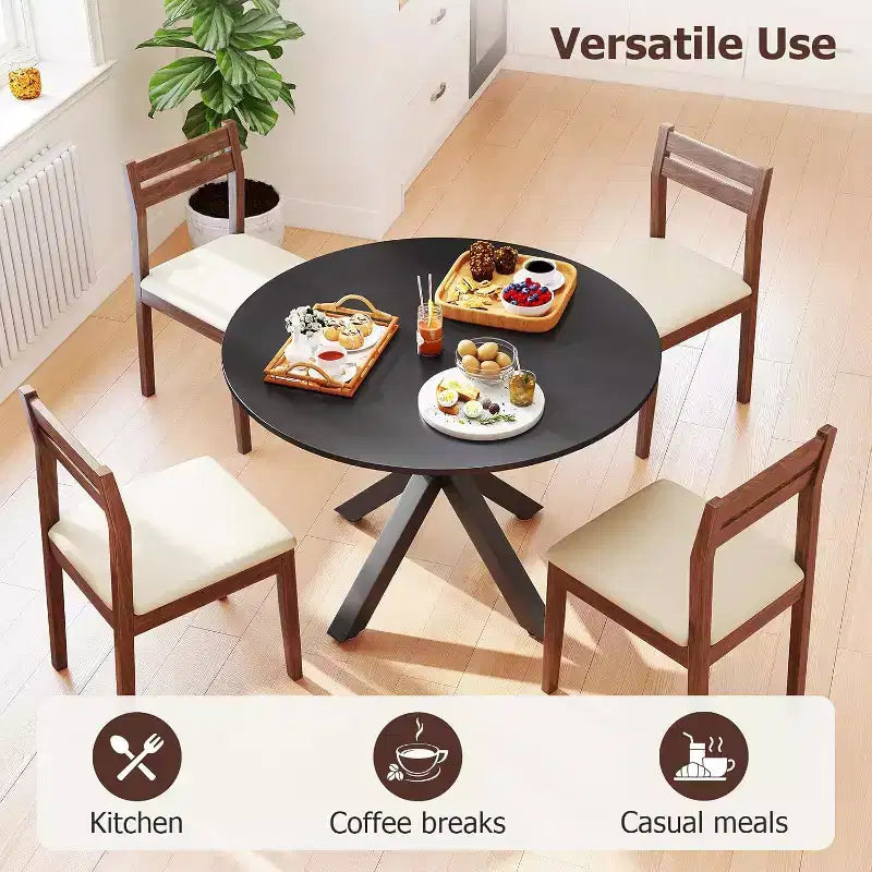 Round Dining Table with Metal Cross Legs, Seats 4–6, Black, 42 Inch