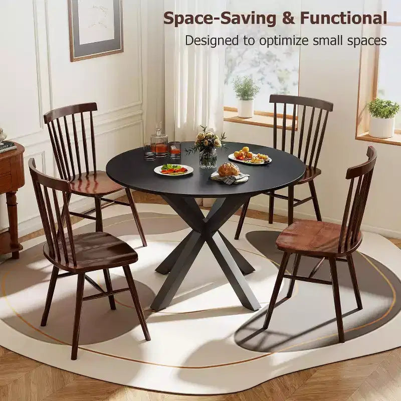 Round Dining Table with Metal Cross Legs, Seats 4–6, Black, 42 Inch