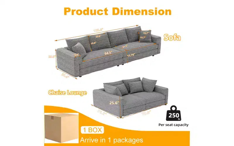 102.4" Corduroy 4-Seat Sofa with Accent Pillows – Convertible Lounge Chair