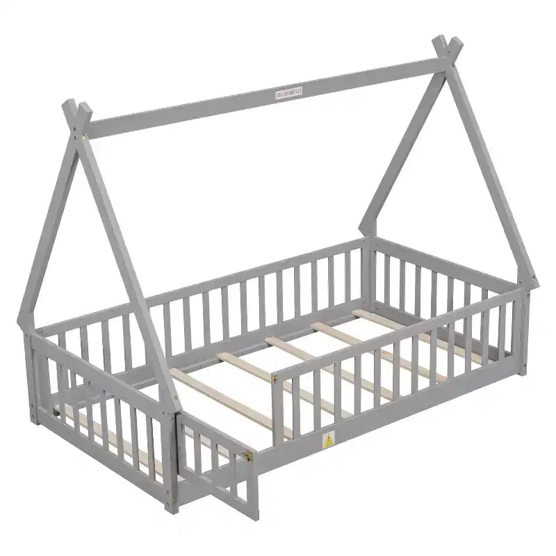 Bellemave Twin Tent-shaped Floor Bed, with Guardrails, Slats, Door ,Grey