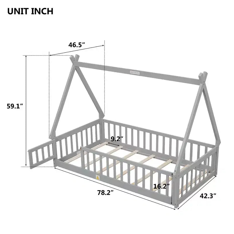 Twin Tent-Shaped Floor Bed with Guardrails, Slats and Door - Grey