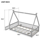 Twin Tent-Shaped Floor Bed with Guardrails, Slats and Door - Grey