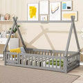 Twin Tent-Shaped Floor Bed with Guardrails, Slats and Door - Grey