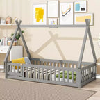 Twin Tent-Shaped Floor Bed with Guardrails, Slats and Door - Grey