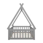 Twin Tent-Shaped Floor Bed with Guardrails, Slats and Door - Grey