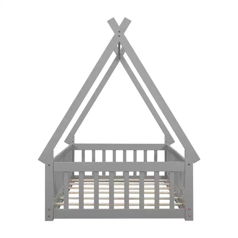 Twin Tent-Shaped Floor Bed with Guardrails, Slats and Door - Grey