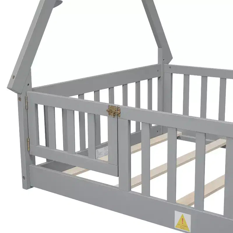 Twin Tent-Shaped Floor Bed with Guardrails, Slats and Door - Grey