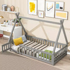 Twin Tent-Shaped Floor Bed with Guardrails, Slats and Door - Grey