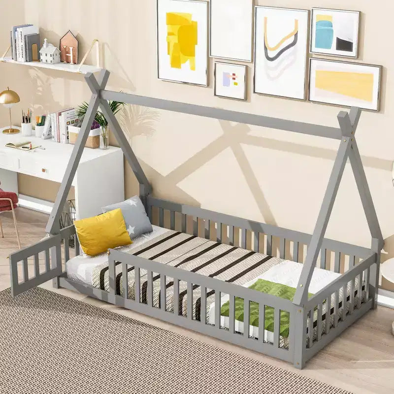 Twin Tent-Shaped Floor Bed with Guardrails, Slats and Door - Grey