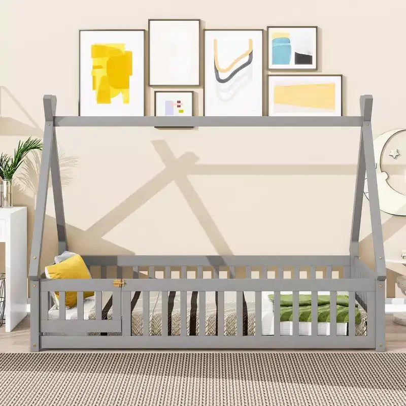 Twin Tent-Shaped Floor Bed with Guardrails, Slats and Door - Grey
