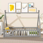 Twin Tent-Shaped Floor Bed with Guardrails, Slats and Door - Grey