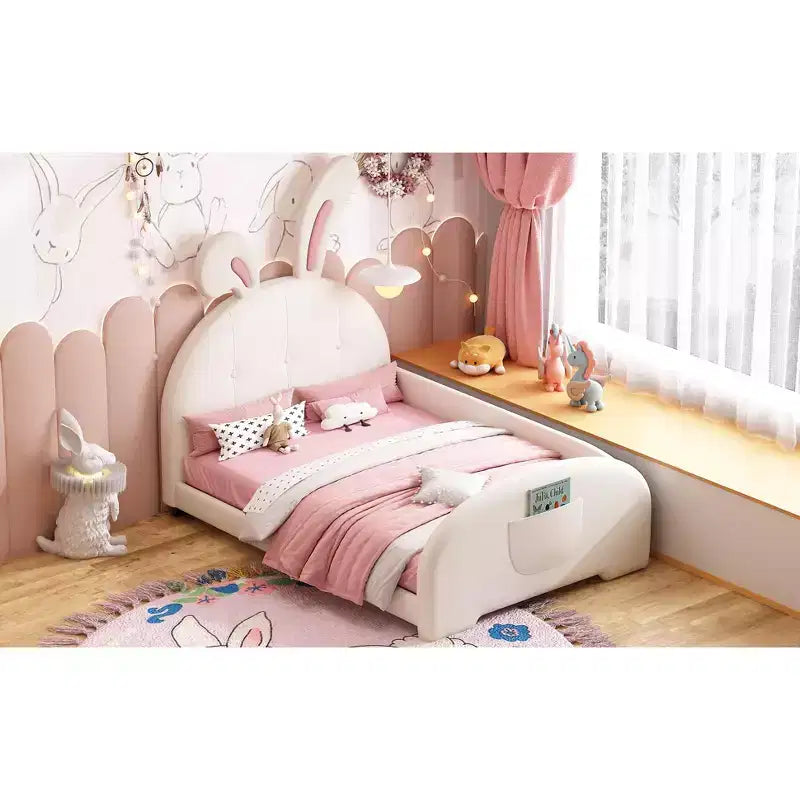 Twin Kids Platform Bed with Rabbit Headboard, PU Leather Upholstered Frame with Footboard Pockets for Boys & Girls, Brown