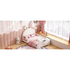 Twin Kids Platform Bed with Rabbit Headboard, PU Leather Upholstered Frame with Footboard Pockets for Boys & Girls, Brown