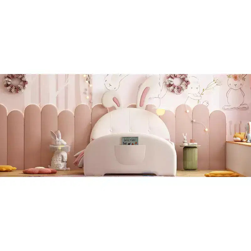 Twin Kids Platform Bed with Rabbit Headboard, PU Leather Upholstered Frame with Footboard Pockets for Boys & Girls, Brown
