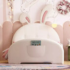 Twin Kids Platform Bed with Rabbit Headboard, PU Leather Upholstered Frame with Footboard Pockets for Boys & Girls, Brown