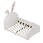 Twin Kids Platform Bed with Rabbit Headboard, PU Leather Upholstered Frame with Footboard Pockets for Boys & Girls, Brown